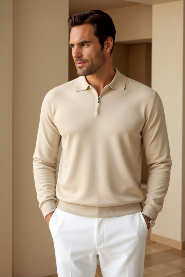 Polo elegante de lujo con cremallera y manga larga