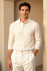 Suéter de golfe de manga comprida com textura de cor sólida retrô masculino Old Money