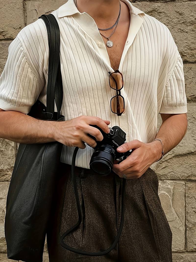 Camisa de malha clássica com nervuras e manga curta e gola de lapela Old Money