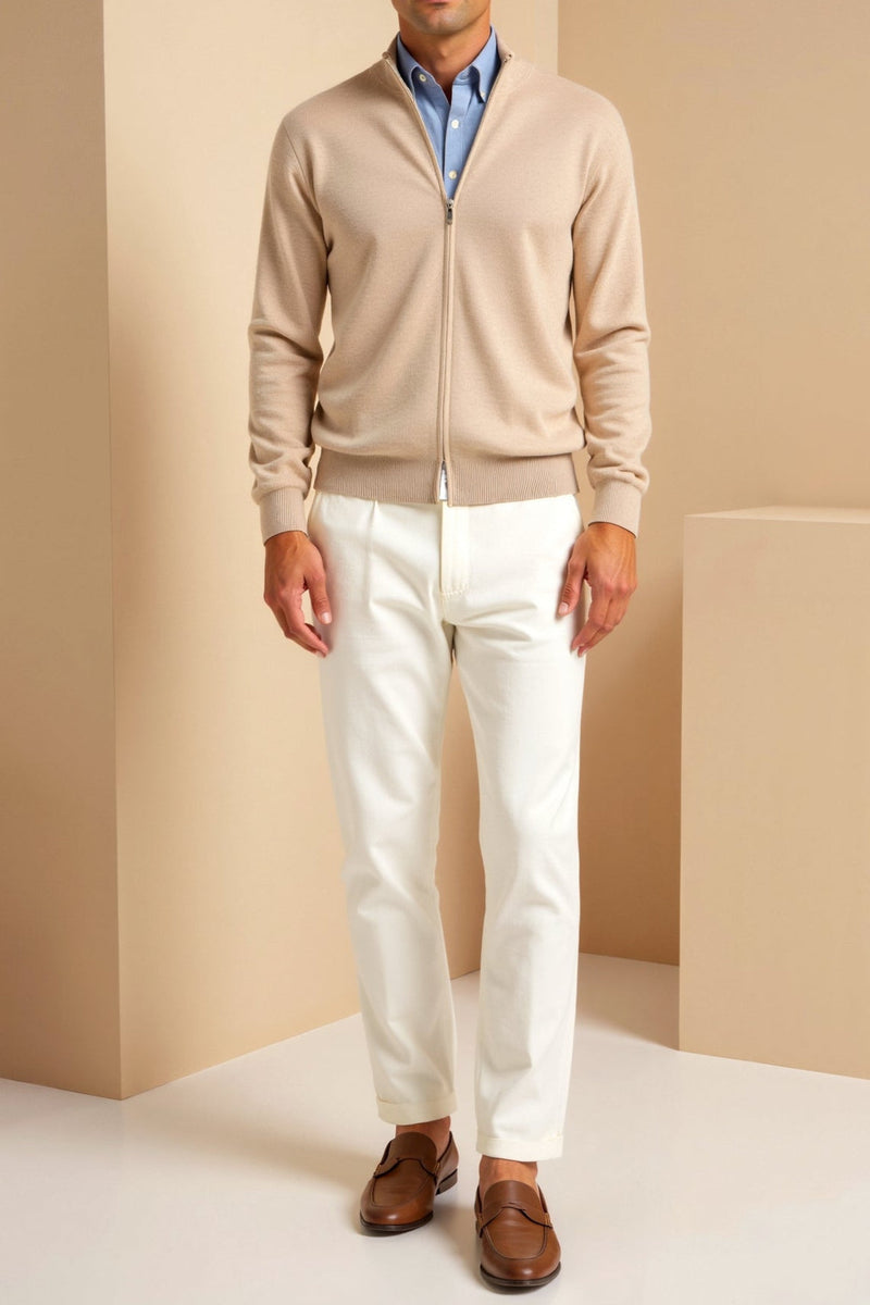Cardigan elegante com zíper completo e ajuste fino e luxuoso