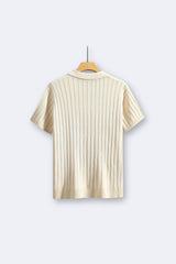 Camisa de malha clássica com nervuras e manga curta e gola de lapela Old Money