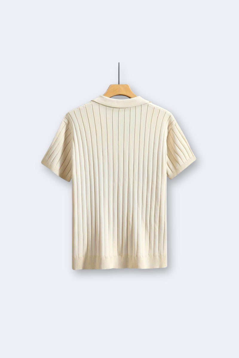 Camisa de malha clássica com nervuras e manga curta e gola de lapela Old Money