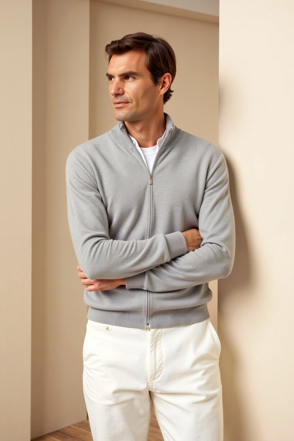 Cardigan elegante com zíper completo e ajuste fino e luxuoso